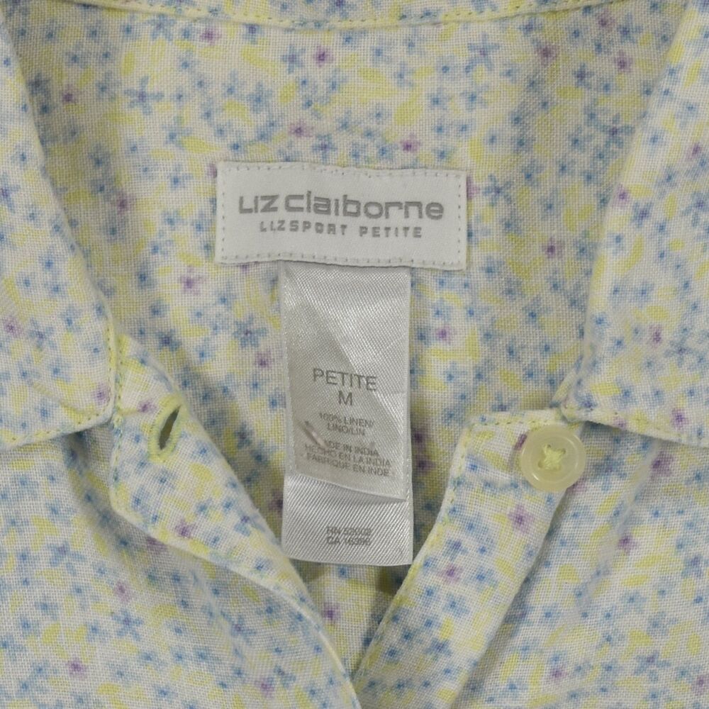 Vintage Liz Claiborne Lizsport Medium Petite Linen Shirt Floral Yellow Blue 90s - Picture 6 of 7